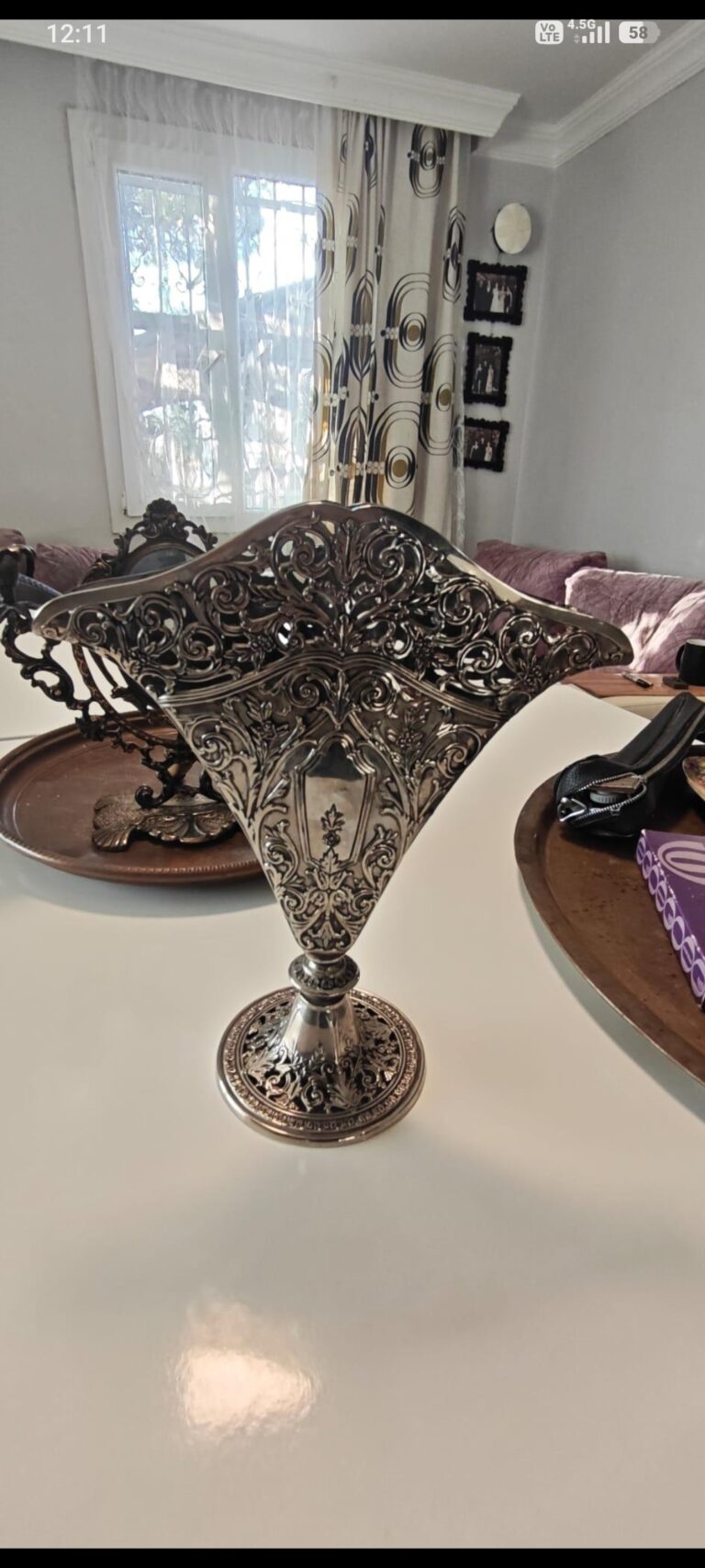 1991 GSA Godinger Gümüş Kaplama Vazo, Art Nouveau Tarzı, Yelpaze Şeklinde